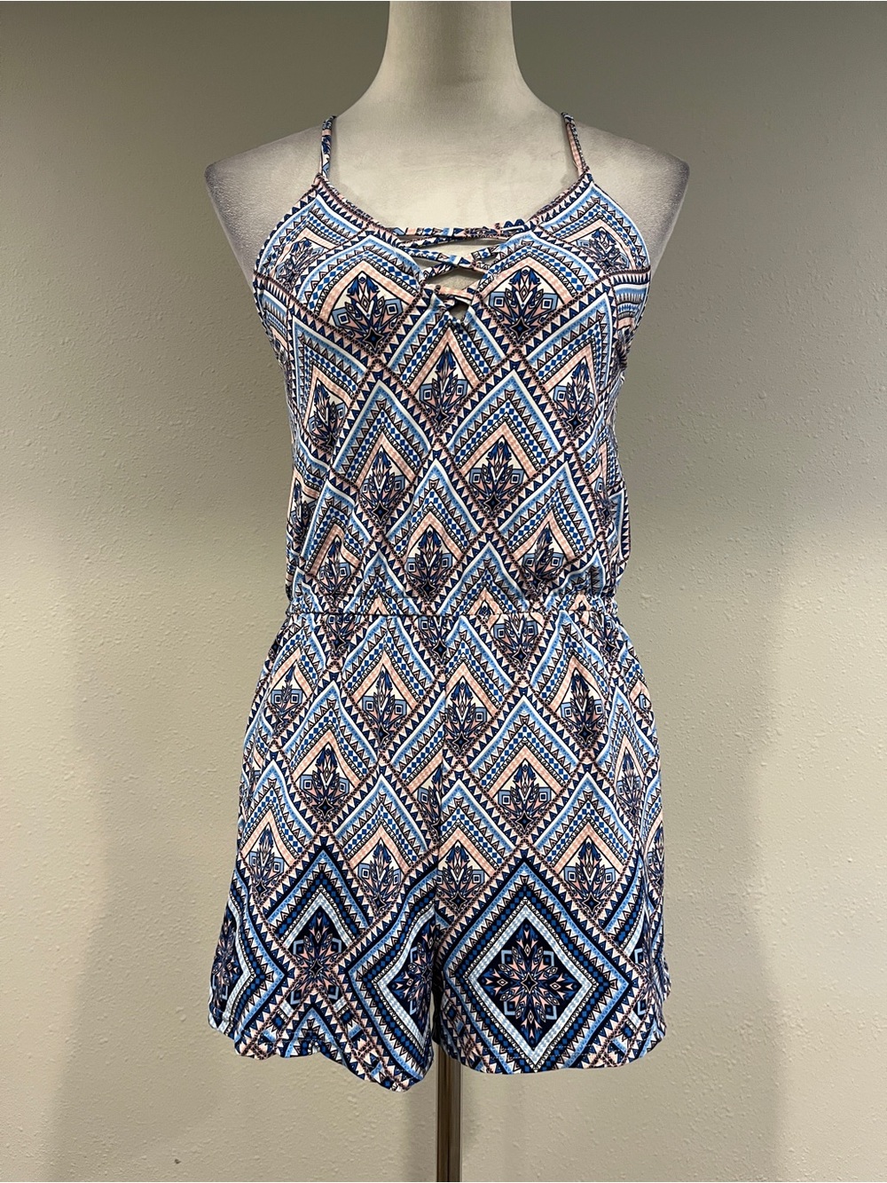 Shosho Blue geometric print sleeveless Romper size XS